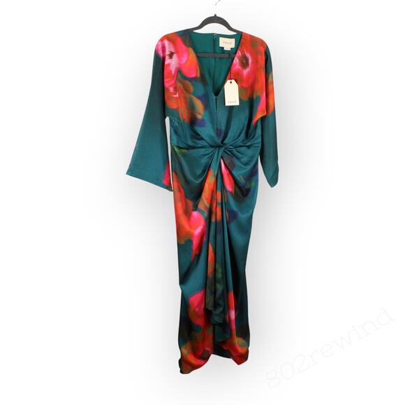 Sz 8 FIGUE Kyle Dress Floral Teal V-Neck Midi Dolman/Kimono TwistFront Satin NEW - Picture 12 of 16